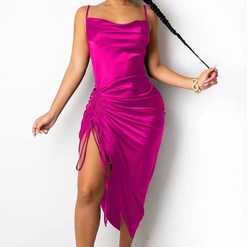 Pink Spaghetti Strap Satin Backless Ruched Split Hem Cocktail Midi Dress Large